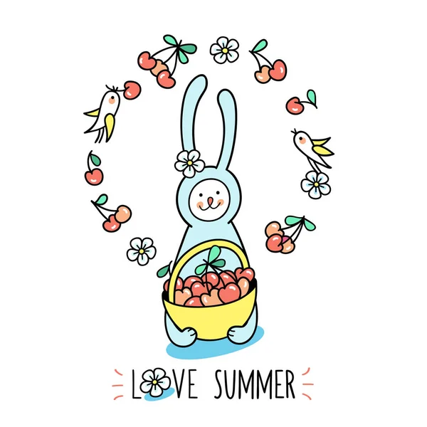 Love Summer Greeting Card Bunny Rabbit Holds Full Basket Sweet — Stock Vector