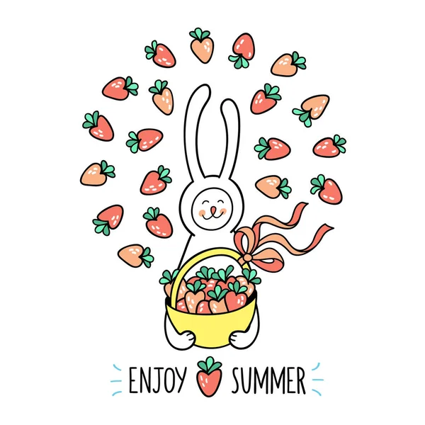 Yaz tebrik kartı tadını çıkarın. Bunny tavşan tatlı çilek dolu sepet tutar. Şirin elle çizilmiş hayvan karakter ve beyaz arka planda daireye düzenlenen çocuklar tasarım için grafik öğeleri.