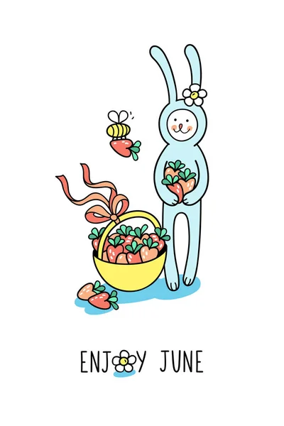 Genießen Sie Juni Grußkarte Kaninchenbaby Sammelt Süße Erdbeeren Einem Korb — Stockvektor