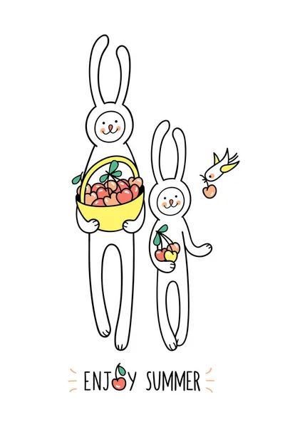 Lovely Bunny Rabbits Mom Baby Enjoying Summer Fruit Season Collect — Stock Vector