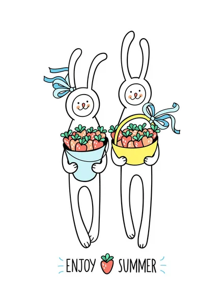 Lovely Bunny Rabbits Enjoying Summer Fruit Season Hold Basket Bucket — Stock Vector