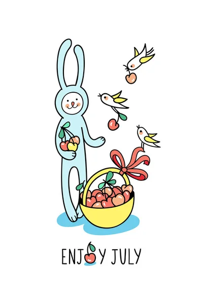 Enjoy June Greeting Card Baby Bunny Rabbit Collects Sweet Cherries — Stock Vector