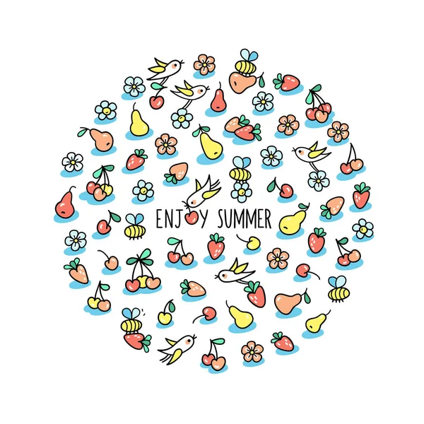 Sommerliche Glückwunschkarte Kleine Vögel Und Bienen Pflücken Früchte Erdbeeren Kirschen — Stockvektor