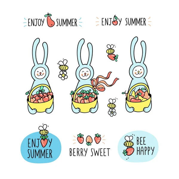 Наслаждайтесь Летним Набором Нарисованными Вручную Знаками Симпатичными Кроликами Забавными Пчелами — стоковый вектор