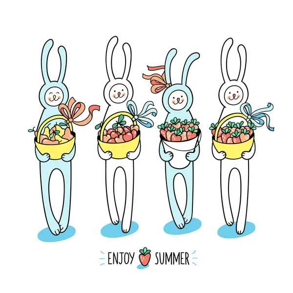 Sevimli tavşan tavşan yaz meyve sezon tadını çıkarıyor. Sepet tutun ve çilek, kiraz, armut dolu kova. El çocuklar tasarım için hayvan karakter beyaz zemin üzerine çekilmiş..