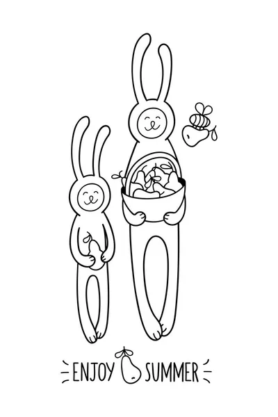 Härlig Bunny Kaniner Mamma Och Baby Njuter Frukt Sommarsäsongen Samla — Stock vektor
