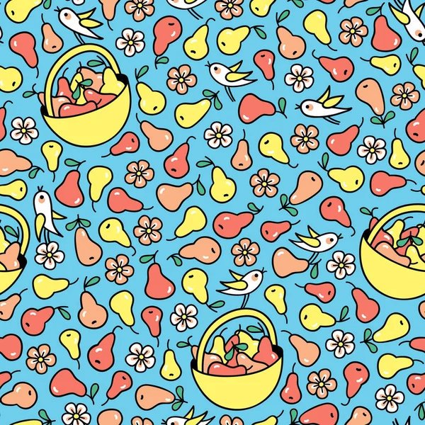 Enjoy Taste Summer Seamless Pattern Little Birds Pick Honey Pear — Stock Vector