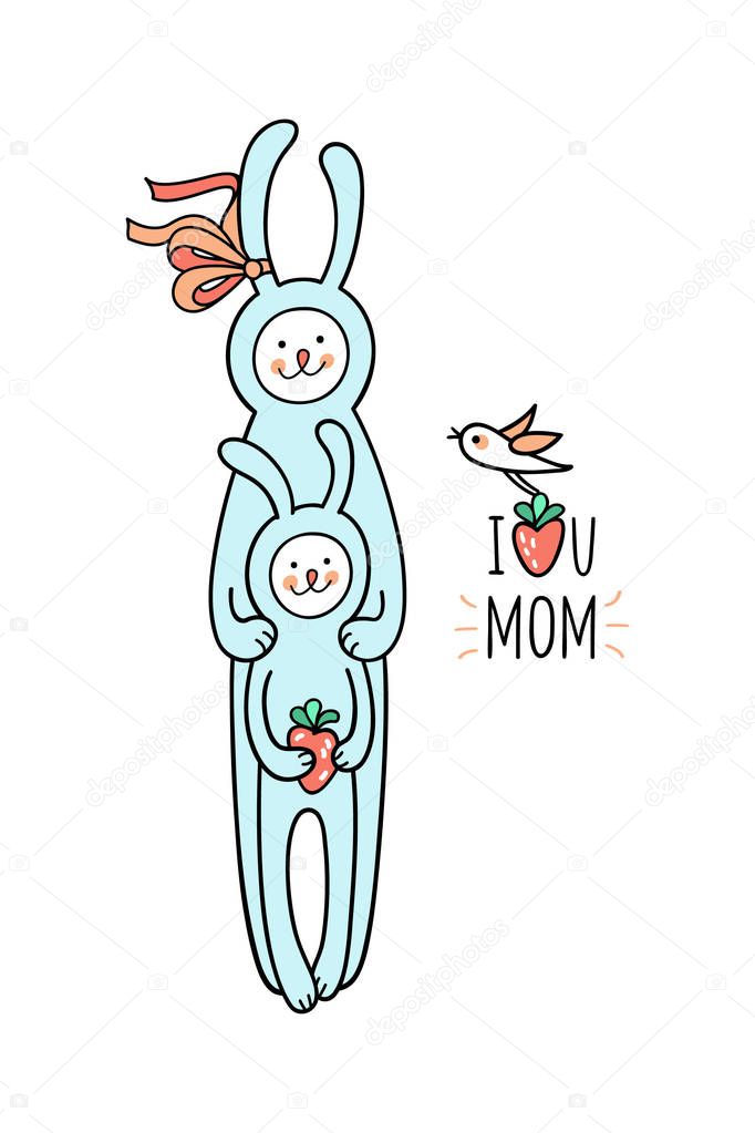 I love you mom sign hand drawn card. Lovely bunny rabbits, mom and baby are enjoying summer time together. Cute hand drawn animal character and graphic elements for kids design.