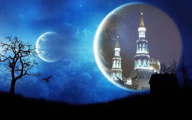 Ay, bulutlar, yıldızlar ve gezegen ile mavi gece resim ile birlikte.