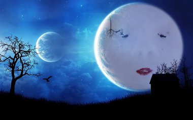 Ay, bulutlar, yıldızlar ve gezegen ile mavi gece resim ile birlikte.