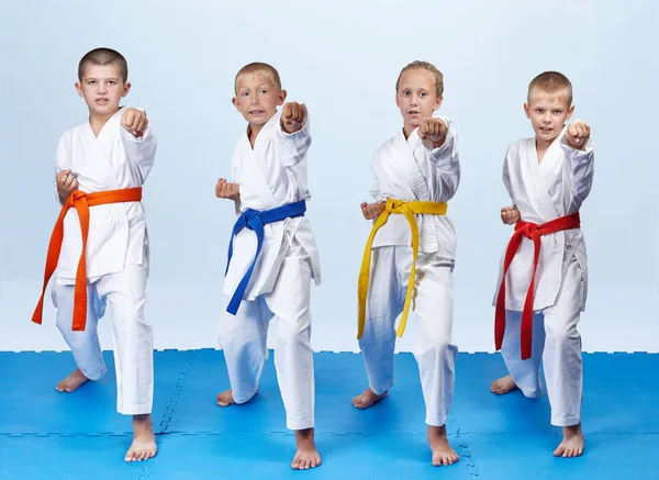 Karategi 四名运动员打打拳臂 — 图库照片