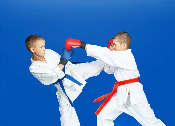 Dos Karateka Están Golpeando Golpes Patadas — Foto de Stock