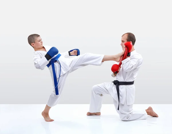 Kicking Karateka Hits Fitness Machine Keeps Coach — Stock Photo, Image