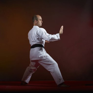 Karate çalışmaları karanlık bir arka plan üzerinde siyah kuşak sporcu trenler