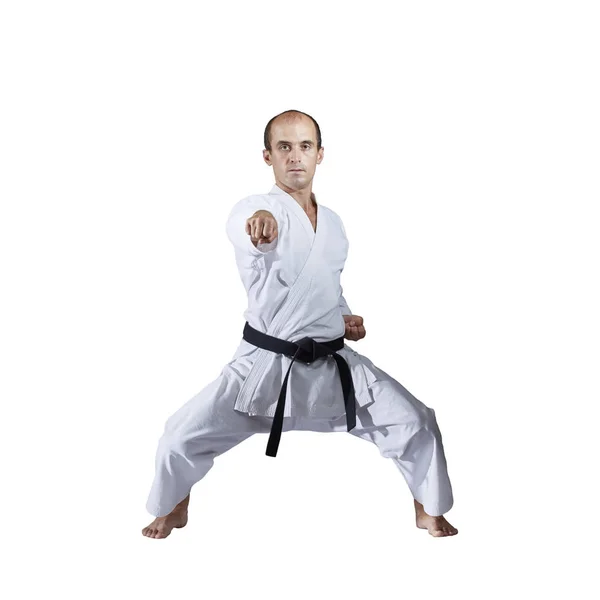 Fehér Alapon Felnőtt Aktív Sportolók Vonatok Formális Karate Gyakorlatok — Stock Fotó