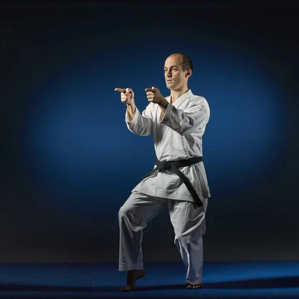 Vuxen Idrottsman Tränar Karate Blå Tatami — Stockfoto