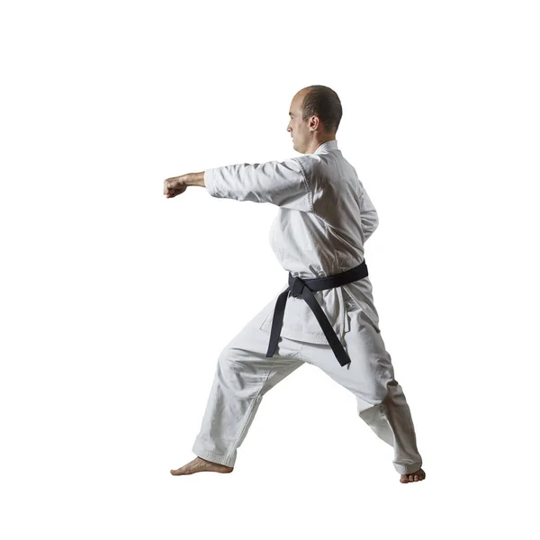 Svart Bälte Idrottsman Tränar Formella Karate Övningar Vit Isolerad Bakgrund — Stockfoto