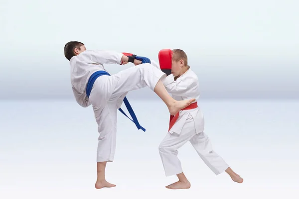 Light Background Two Boys Training Blows Overlays Hands — Stock Photo, Image
