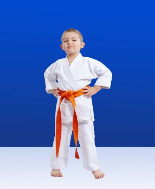 Mavi arka planda turuncu kuşağı olan küçük Karateka