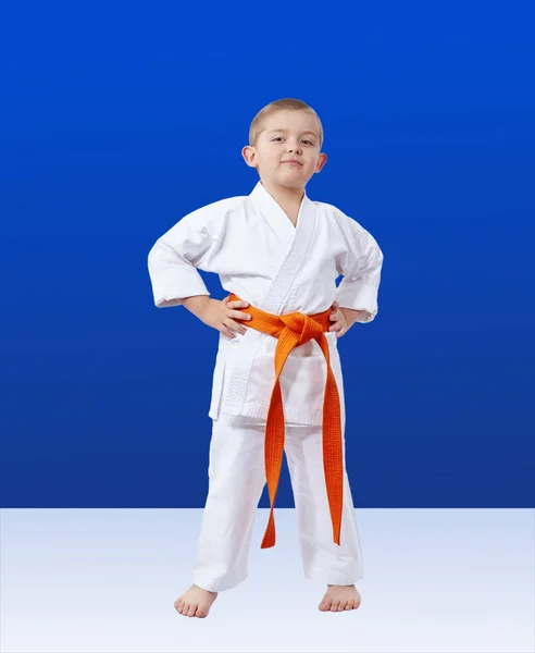 Boy Karategi Blue Background — Stock Photo, Image