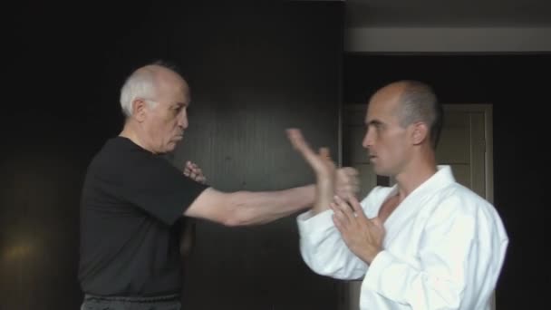 Karategi Una Camiseta Negra Dos Atletas Practican Ejercicios Kung Wing — Vídeos de Stock