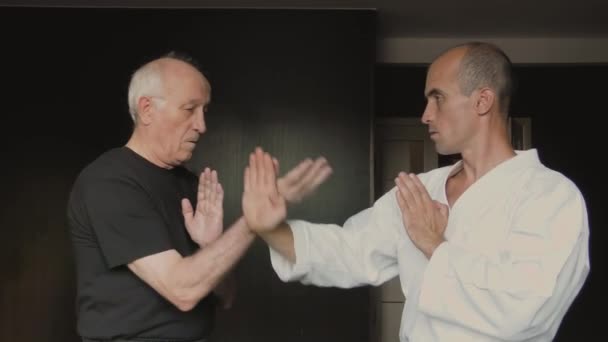 Karategi Uma Camiseta Preta Dois Atletas Fazem Exercícios Kung — Vídeo de Stock