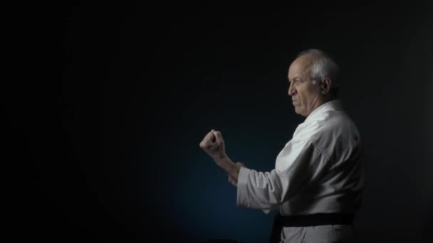 Ejercicios Formales Karate Viejo Atleta Entrena Sobre Fondo Oscuro — Vídeo de stock