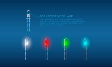 Rgb Vektör diyot lambası. Renkli diyot lambaları seti. Mavi arka plan üzerinde şeffaf lambalar.