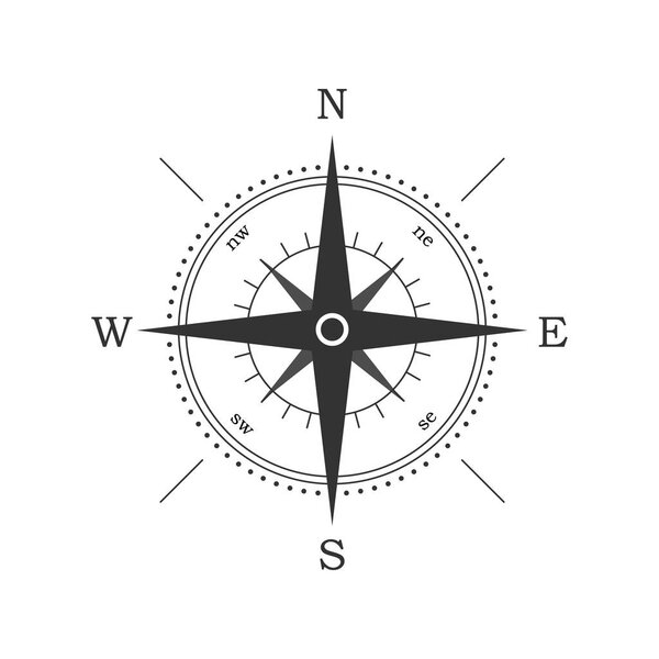 Изображение круглого компаса на белом фоне. Черный компас, указывающий направление
.
