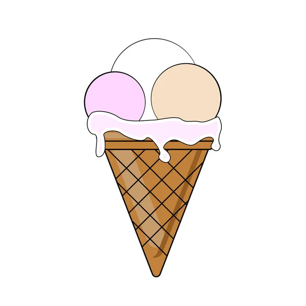 Ijs Met Drie Ballen Een Wafel Beker Ice Cream Cone — Stockvector