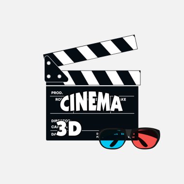 Beyaz arka planda Clapperboard. 3d sinema, vektör simgesi. Bir tahta ile 3d gözlük.