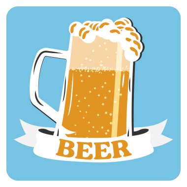 Bira vektör simgesi. Bira soğuk içecek işareti. Mavi arka planda köpüklü bira Kupa.