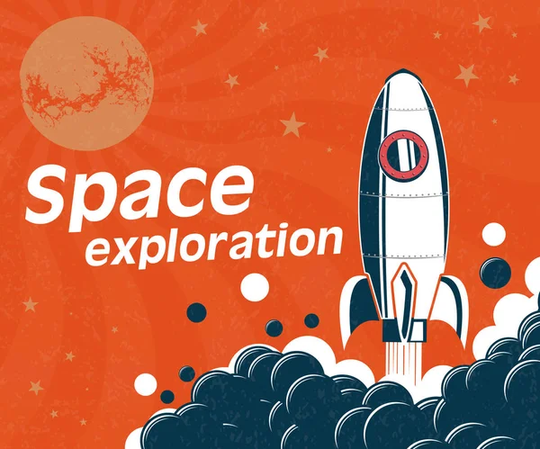 以空间研究为主题的亮旗 火箭在太空背景下起飞 太空探索 复古海报 图库插图