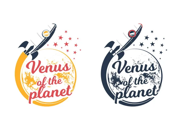 Космическая Ракета Летающая Вокруг Планеты Венера Векторная Винтажная Эмблема Икона Векторная Графика