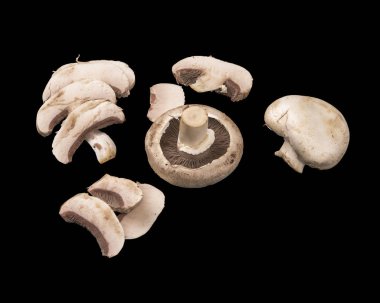 Champignon mantar. Siyah arka plan üzerine izole beş mantar.