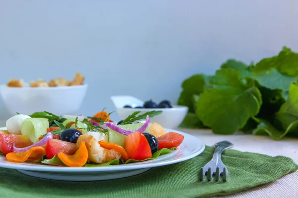 Diätsalat Mit Gurken Tomaten Karotten Geröstetem Brotstück Marinierter Mozzarella Kugel — Stockfoto
