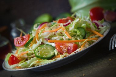 Taze Diyet salata, salatalık, domates, lahana, turp, havuç susam, zeytinyağı, sarımsak ve otlar ile. Sağlıklı yemek. Detoks ve vejetaryen kavramı.
