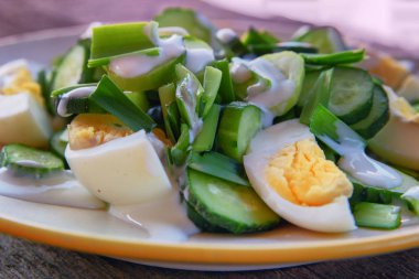 Tavuk yumurta, yeşil soğan, salatalık ve yoğurt, bir plaka üzerinde taze sebze salatası diyet salata vejetaryen. Sağlıklı gıda. Sebze salatası.