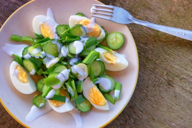 Tavuk yumurta, yeşil soğan, salatalık ve yoğurt, bir plaka üzerinde taze sebze salatası diyet salata vejetaryen. Sağlıklı gıda. Sebze salatası.