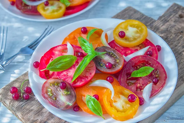 Leckerer Sommersalat Aus Geschnittenen Frischen Bunten Tomaten Gehackten Roten Zwiebeln — Stockfoto