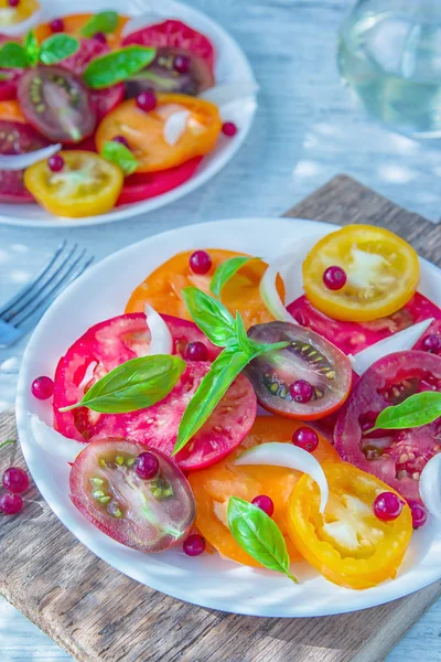 Chutné Letní Salát Barevné Plátky Rajčat Nasekanou Červenou Cibulkou Bobulí — Stock fotografie