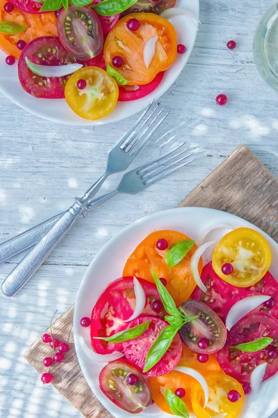 Leckerer Sommersalat Aus Geschnittenen Frischen Bunten Tomaten Gehackten Roten Zwiebeln — Stockfoto