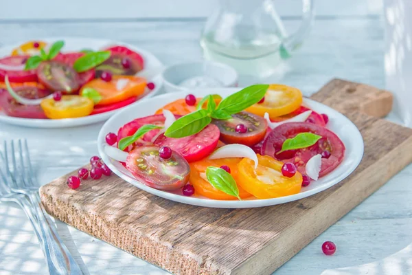 Leckerer Sommersalat Aus Geschnittenen Frischen Bunten Tomaten Gehackten Roten Zwiebeln — Stockfoto