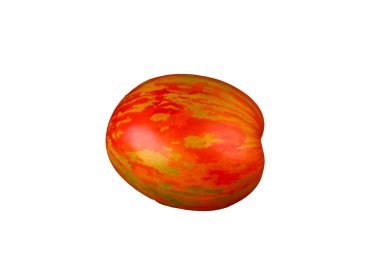 Rengarenk domates alışılmadık doğal desenli. Beyaz arka plan üzerinde izole güzel sıradışı iki domates. 