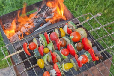 Sağlıklı sebze şiş. Organik sebze şiş kebap patlıcan, biber, kabak, domates ve soğan ile kızarmış.