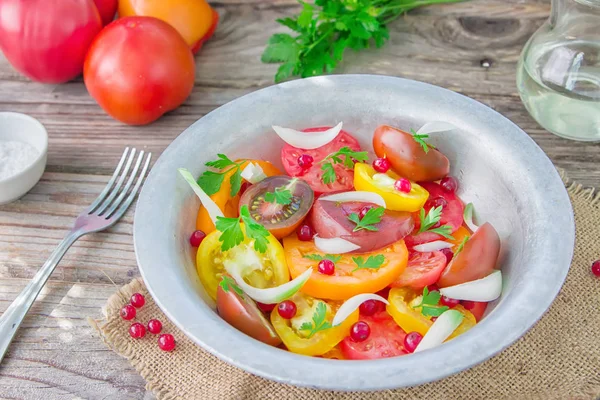 Salade Estivale Savoureuse Tomates Fraîches Colorées Coupées Tranches Oignon Rouge — Photo