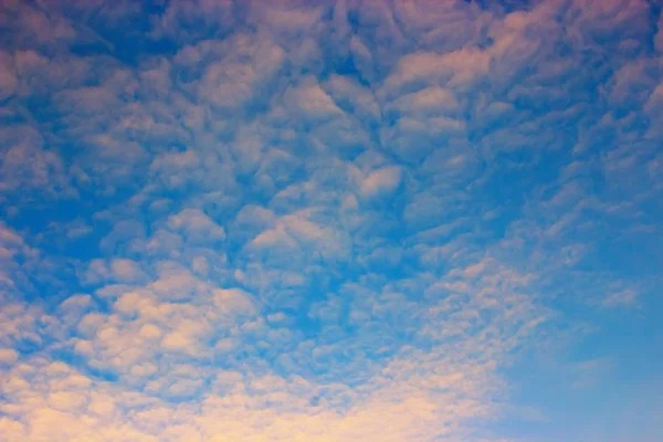 View on beautiful white and pink  light clouds in a blue sky. Clouds and Skies in the Morning. The Sun behind Clouds. Fresh Air. Cloudy Weather. Cloud Formations. White and Pink Light Clouds