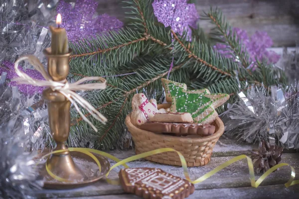 Chrismas Decorations Candle Glas Balls Wooden Background — Stock Photo, Image