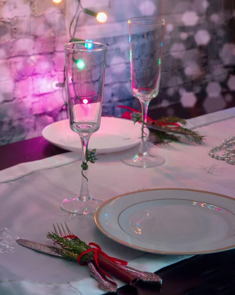 Two Empty Champagne Glasses Festive Served Table Next Plate Fork — Stock Photo, Image