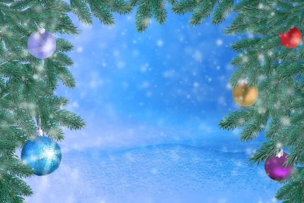 Téli Táj Karácsonyi Fenyő Ága Labdát Karácsonyi Háttér Kellemes Karácsonyi — Stock Fotó